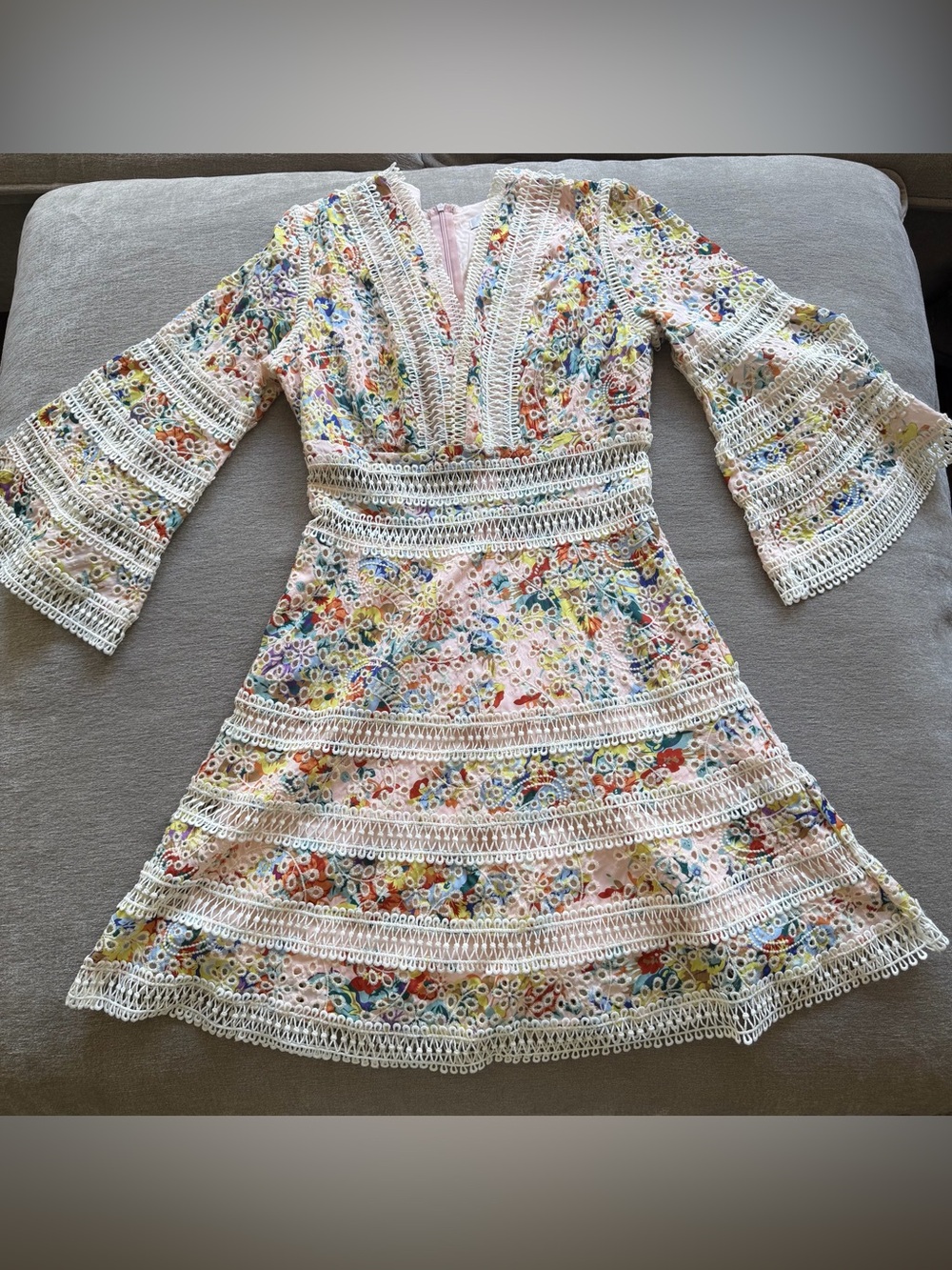 Floral Eyelet Mini Dress Large Bell Sleeve Ladder Trim Boho Chic Spring Summer